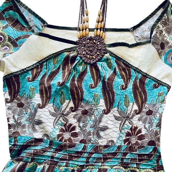 Vintage White, Black, Turquoise + Gold Sparkle Boho Dress Cottagecore Whimsy - Picture 6 of 12